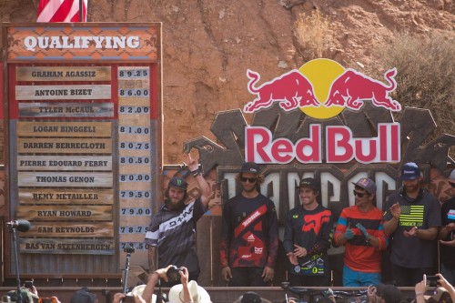 Graham Agassiz (far left) celebrates winning the qualifying round for Red Bull Rampage in Virgin, Utah, USA on 15 October 2015. 